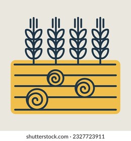 Weizen-, Gerste- oder Roggenähren auf Feld und Rundhau-Ballen Symbol. Agrarzeichen. Graph Symbol für Ihr Web-Site-Design, Logo, App, UI. Vektorgrafik, EPS10.