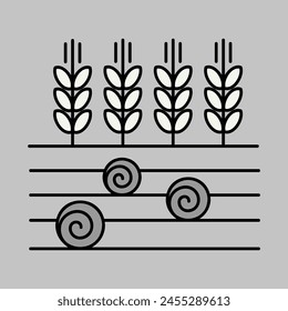 Ears of Wheat, Barley or Rye on field and round hay bales icon. Agriculture sign. Graph symbol for your web site design, logo, app, UI. Vector illustration, EPS10.