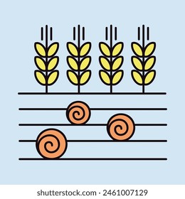 Ears of Wheat, Barley or Rye on field and round hay bales icon. Agriculture sign. Graph symbol for your web site design, logo, app, UI. Vector illustration, EPS10.