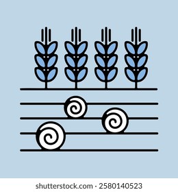 Ears of Wheat, Barley or Rye on field and round hay bales icon. Agriculture sign. Graph symbol for your web site design, logo, app, UI. Vector illustration, EPS10.