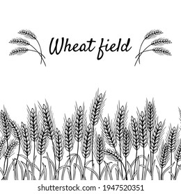 Ears of wheat black and white horizontal seamless pattern vector illustration