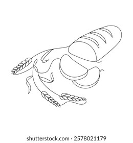 Ears of wheat and bread, drawn with continuous line in minimalism, abstract, piece, cereals, carbohydrates, healthy eating, symbol of prosperity and wealth, one line, editable vector contour