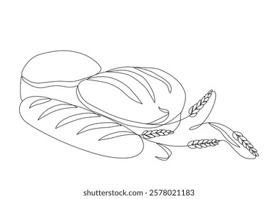 Ears of wheat and bread, drawn with continuous line in minimalism, abstract, piece, cereals, carbohydrates, healthy eating, symbol of prosperity and wealth, one line, editable vector contour