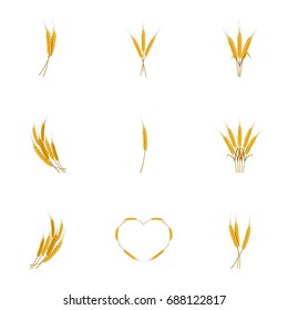 Ears of wheat bread icons set. Cartoon set of 9 ears of wheat bread vector icons for web isolated on white background