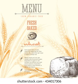 Ears of wheat, bread isolated vector sketch hand drawn background, bakery shop background with ears of wheat, title and text layout.