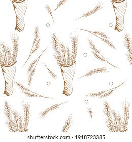 Ears of wheat and a canvas bag seamless pattern in engraving style.Hand drawn menu decoration,farmers market. Print for bread and pastry packing.Сereal crops for baking and cooking.Vector illustration