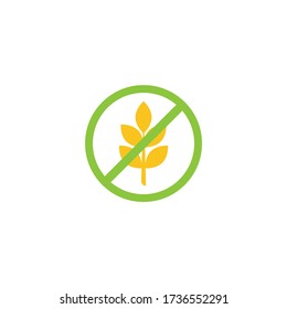 ears of wheat in crossed green circle. Gluten free icon. Organic food. Product free ingredient. Healthy bread. Nutritious dietary, healthy eating. Celiac prevention. Vector illustration.