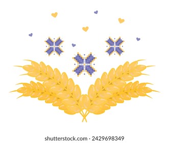 Ears of wheat, embroidery flowers and hearts, vector Ukrainian print in yellow and blue colors