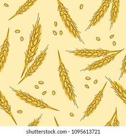 Ears of wheat hand drawn seamless pattern. Whole grain, natural, organic background for bakery package, bread products. Vector illustration.
