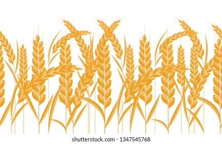Ears of wheat horizontal border seamless. Gold color grain with cartoon style. Vector illustration.