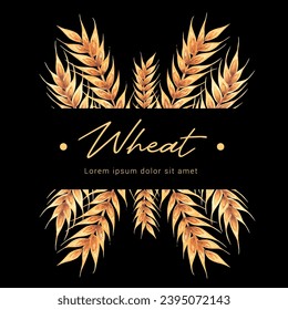 Ears of wheat label on black background. Watercolor hand drawn illustration, isolated on white background. Bakery design, flyers, menus,