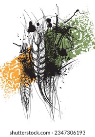 Orejas de trigo sobre un fondo abstracto. Dibujo en línea de orejas de maíz. Símbolo de cosecha. Negocios agrícolas