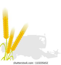 Ears of wheat on the background of the combine harvester. The illustration on a white background.