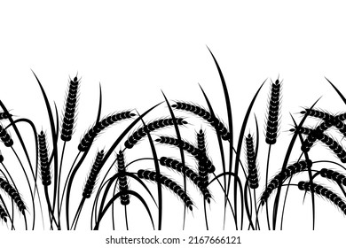Ears of wheat on a transparent background. Horizontal seamless pattern. Black and white vector illustration