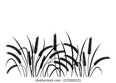 Ears of wheat on a transparent background. Horizontal pattern. Black and white vector illustration