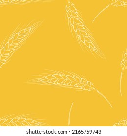 Ears of wheat on yellow background. Botanical seamless pattern. Vector outline illustration.