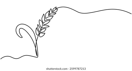 Ears of wheat one continuous line drawing .Fall harvest line art. Vector one line of spikelet. Thanksgiving symbol, One continuous line drawing of ears of wheat or rice. Organic healthy agriculture
