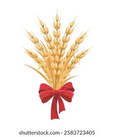 Ears of wheat with red bow. Harvest symbol isolated vector illustration