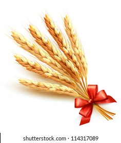 Ears of wheat with red bow. Vector illustration.