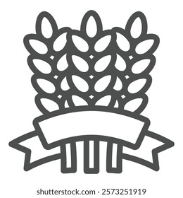 Ears of wheat with ribbon line icon, wheat production concept. Vector graphics. Wheat grain plant sign on white background, outline style icon for mobile or web design