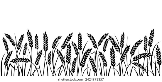 Ears of wheat, rye or barley. Wheat field seamless pattern. Organic wheat, bread agriculture and natural eat, barley or rice millet. Black isolated silhouette on white background