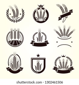 Ears of wheat and rye label and element set. Vector