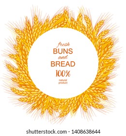 Ears of wheat in a wreath frame isolated on white background. Cereals harvest, agriculture, organic farming, healthy food symbol. Bakery design element Hand drawn realistic vector illustration