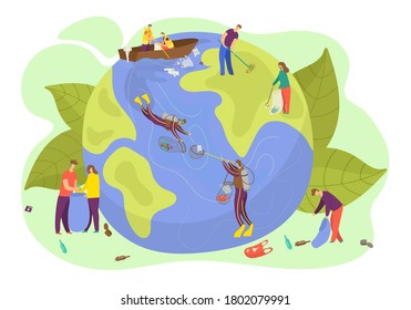 Eart planet ecology, vector illustration, Save world and nature environment concept, people character care flat protection. Cleen globe planet symbol, green person conversation banner.