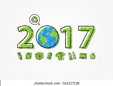 Earth 2017 with recycle sign vector illustration. New year 2017 ecological concept.
