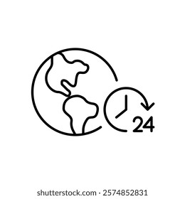 Earth and 24 hours clock symbol. Global networking, always online presence. Nonstop worldwide coverage. Pixel perfect vector icon