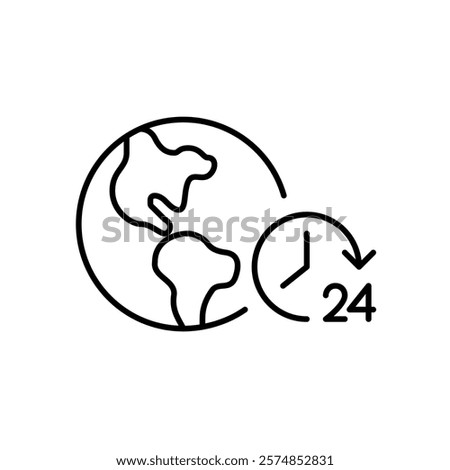Earth and 24 hours clock symbol. Global networking, always online presence. Nonstop worldwide coverage. Pixel perfect vector icon
