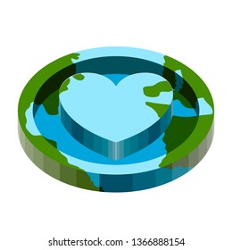 Earth with a 3d flat shape and a heart icon. Vector illustration design