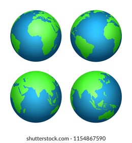 Earth 3d globe. World map with green continents and blue oceans. Vector isolated set of earth planet, world globe with continent illustration
