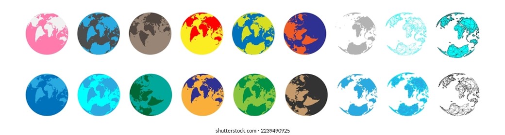 Earth 3d globe. World map with green continents and blue oceans. Vector isolated set of earth planet, world globe with continent illustration