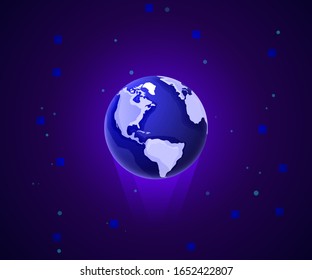 Earth 3d illustration. Planet object with materics and connection squares