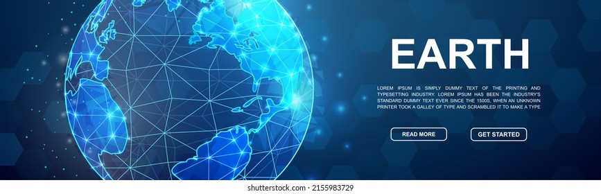 Earth 3d low poly symbol for head promotion banner. Planet design template illustration concept. Horizontal polygonal World map poster illustration