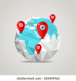 The Earth with abstract World map. Infographic template with pins on transparent background