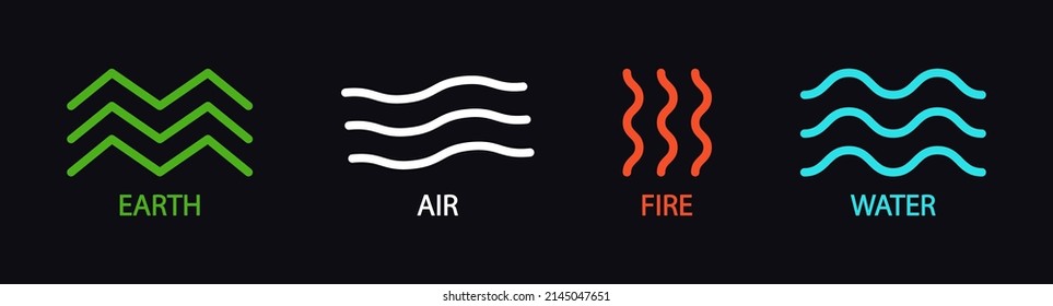 Earth, air, fire and water. Four nature elements. Symbol of earth, fire, water and air isolated on black background. Patterns of environment with 4 logos. Nature concept. Vector.