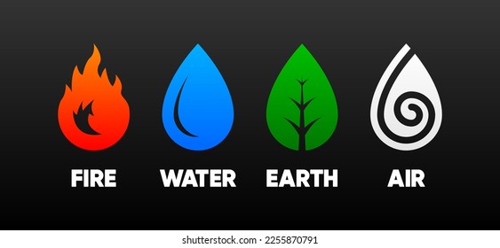 Tierra, aire, fuego y agua. Cuatro íconos de elementos de la naturaleza. Diseño de símbolo de viento, aire, fuego, agua, tierra para el concepto de aplicación. Ilustración vectorial.