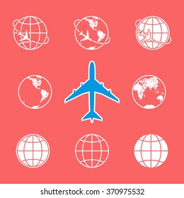 Earth with airplane vector icons set.