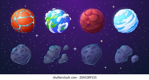 Earth, alien planets and asteroids in outer space with stars. Vector cartoon set of stone meteorites with craters and unusual planets with water, cracks and clouds