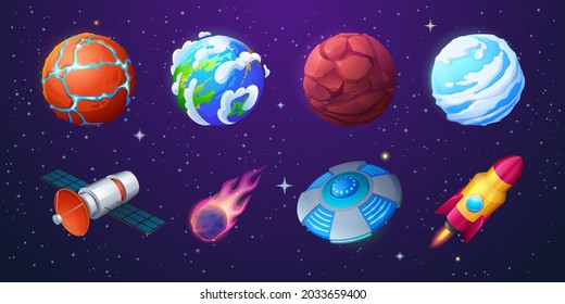 Earth, alien planets, rocket, ufo spaceship and meteor on background of outer space with stars. Vector cartoon set of shuttle, satellite, flying saucer, meteorite with fire and unusual planets