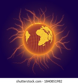 Earth apocalypse in the fire lightnings. Vector illustration