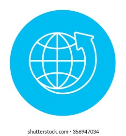 Earth and arrow around line icon for web, mobile and infographics. Vector white icon on the light blue circle isolated on white background.
