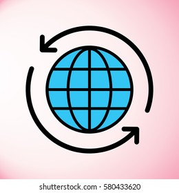 Earth and arrow around line icon.