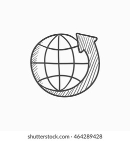 Earth and arrow around vector sketch icon isolated on background. Hand drawn Earth and arrow around icon. Earth and arrow around sketch icon for infographic, website or app.