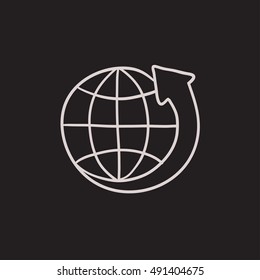 Earth and arrow around vector sketch icon isolated on background. Hand drawn Earth and arrow around icon. Earth and arrow around sketch icon for infographic, website or app.