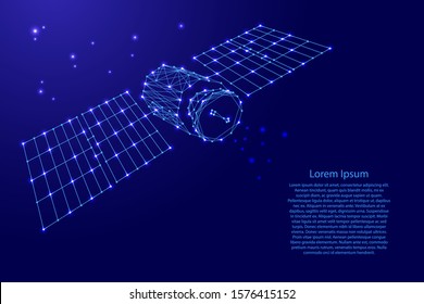 Earth artificial satellite orbital with solar panels from futuristic polygonal blue lines and glowing stars for banner, poster, greeting card. Vector illustration.