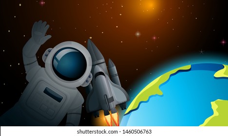 Ilustração da Terra, astronauta e cena de foguete