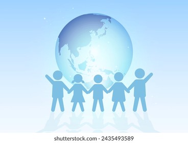 Earth background with silhouettes of children holding hands